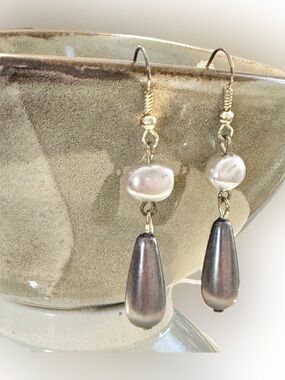 Delicate Silver Classic Drop Earrings with Pearl, Gunmetal, Silver Teardrop